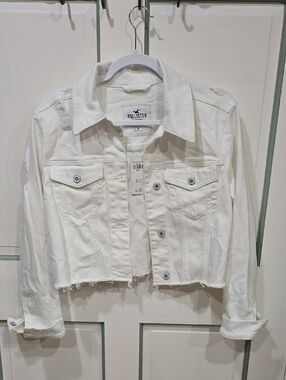 Hollister White Cropped Distressed Denim Jacket